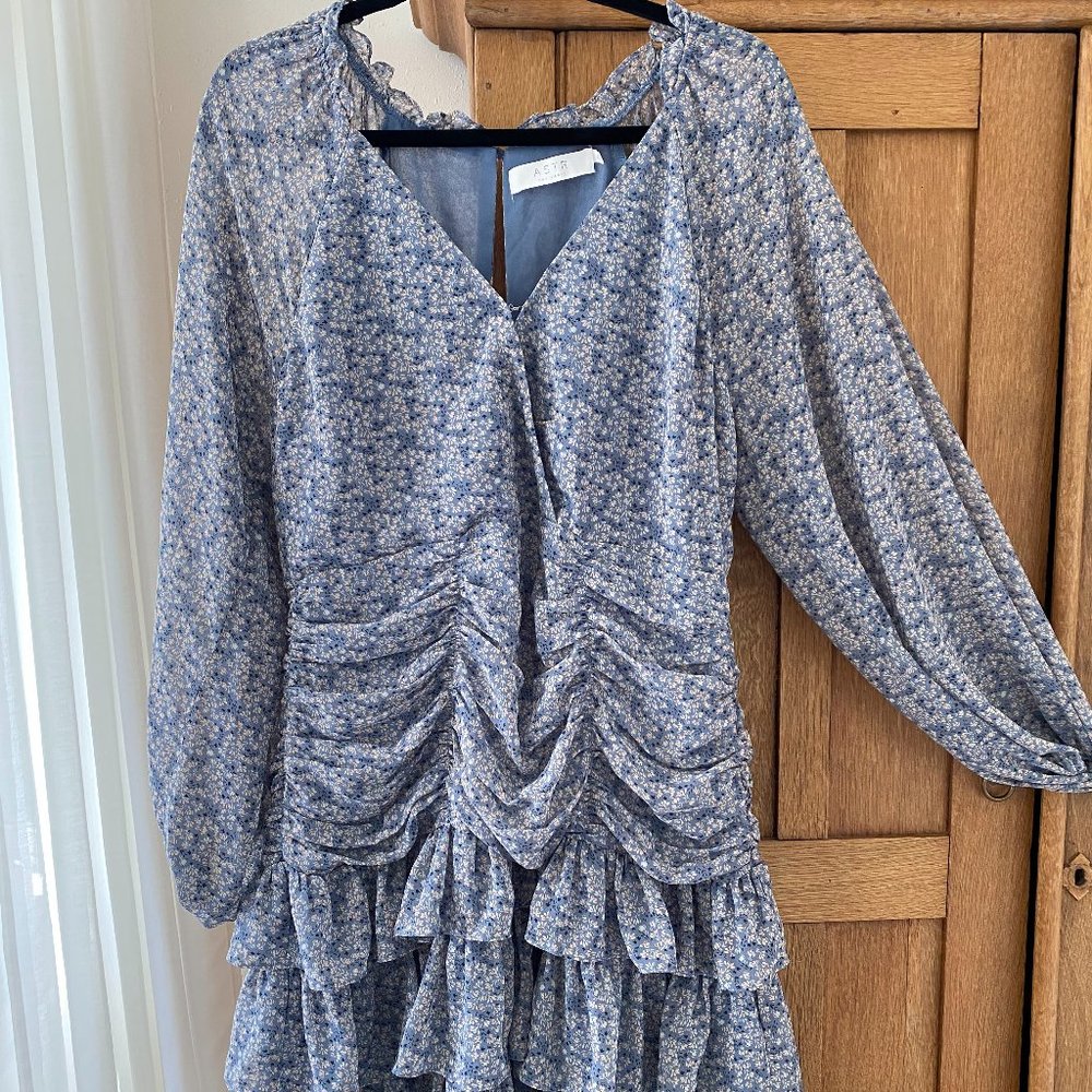 ASTR The Label, Blue Floral Chiffon Ruched Dress - Size XL